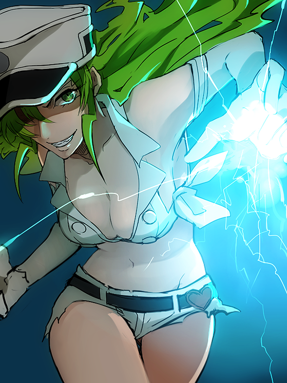 1girl, apg0w0, bleach, breasts, candice_catnipp, cleavage, elbow_gloves, electricity, female_focus, gloves, green_eyes, green_hair, grin, large_breasts, long_hair, looking_at_viewer, matching_hair/eyes, midriff, military, military_uniform, navel, quincy_(bleach), short_shorts, shorts, smile, solo