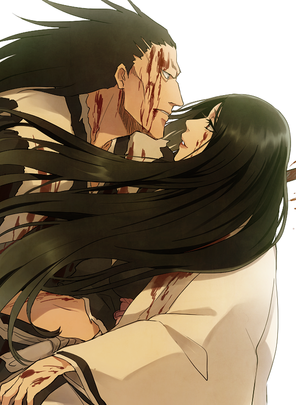 1boy, 1girl, apg0w0, black_hair, bleach, blood, eye_contact, japanese_clothes