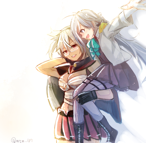 10s, 2girls, b-a-pple, carrying, glasses, gloves, grey_hair, kantai_collection