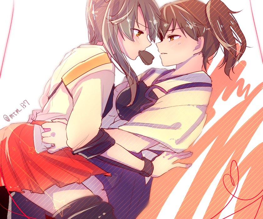 10s, 2girls, b-a-pple, black_hair, brown_eyes, brown_hair, chocolate, heart