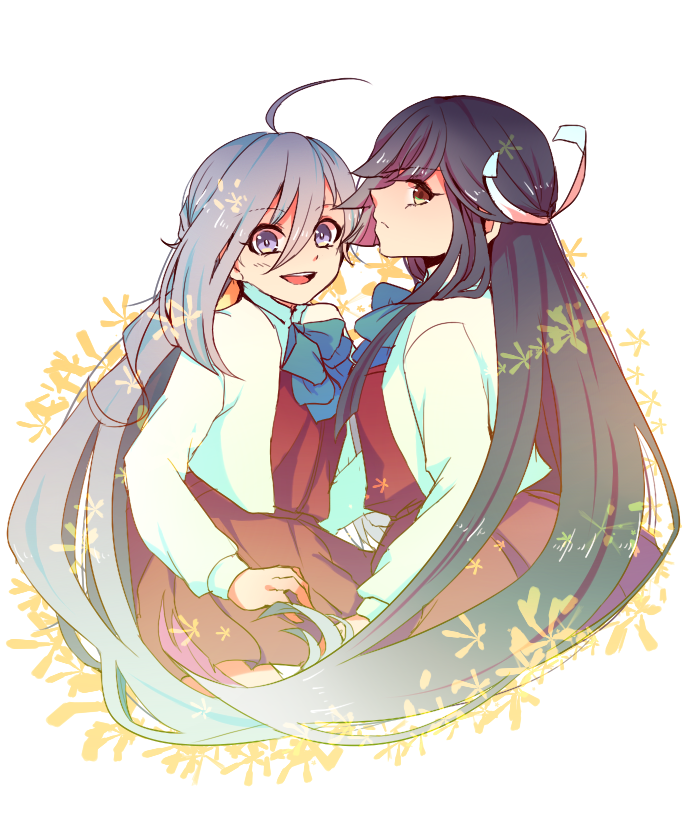 10s, 2girls, ahoge, b-a-pple, black_hair, blue_eyes, brown_eyes, grey_hair