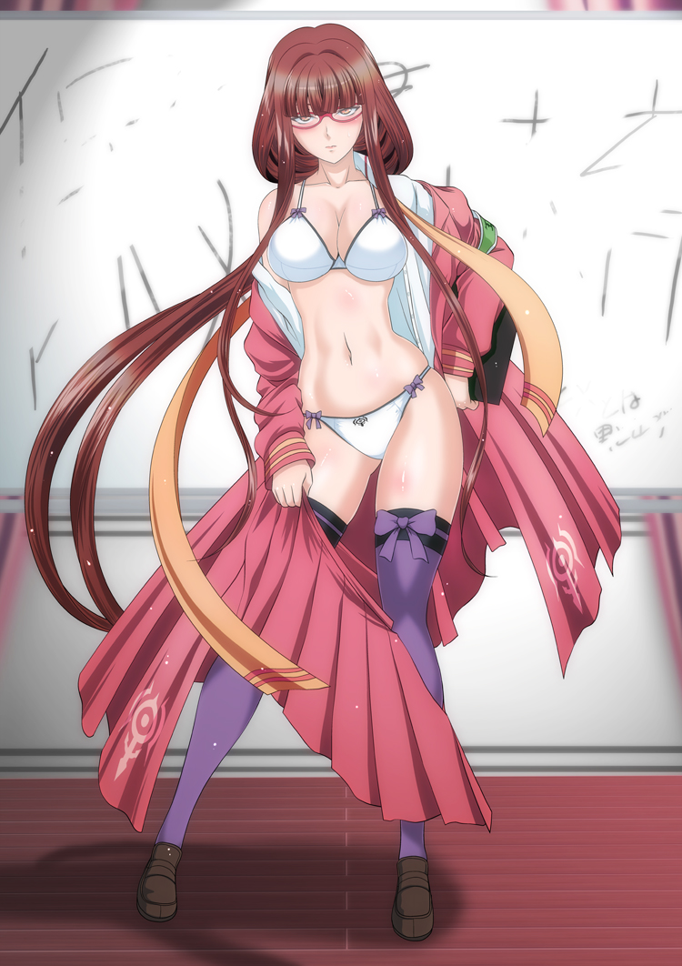 10s, 1girl, aoki_hagane_no_arpeggio, blush, bra, breasts, brown_hair, cleavage, female_focus, full_body, glasses, hiei_(aoki_hagane_no_arpeggio), kaname_aomame, large_breasts, long_hair, looking_at_viewer, low_ponytail, navel, open_clothes, panties, ponytail, school_uniform, solo, standing, thighhighs, underwear, undressing, unworn_clothes, very_long_hair, yellow_eyes