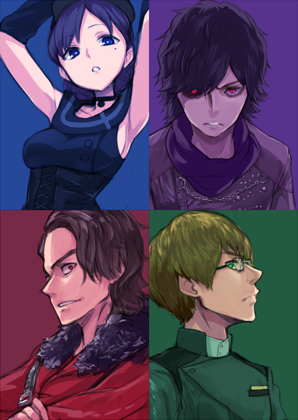 1girl, 3boys, beret, black_hair, blue_eyes, brain_(kamen_rider_drive), brown_hair, chase_(kamen_rider_drive)