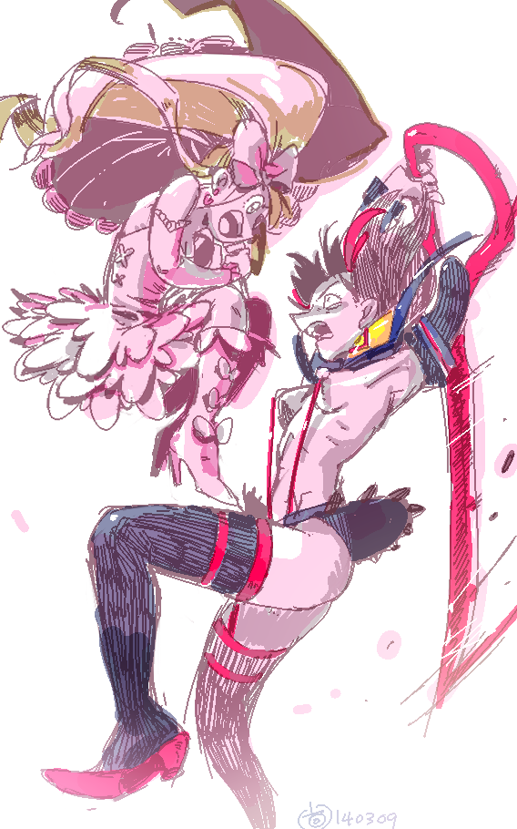 10s, 2girls, battle, blonde_hair, blue_eyes, boots, bow, breasts