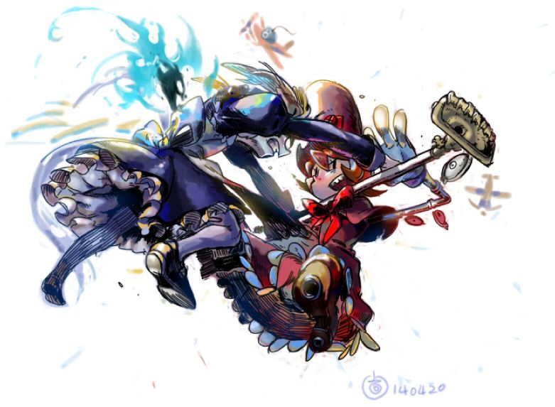 2girls, battle, bloody_marie_(skullgirls), eun_dari, extra_eyes, eye_socket, gloves, hat