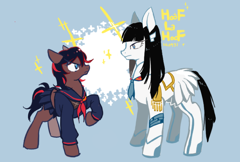 2girls, animalization, black_hair, blue_eyes, blunt_bangs, eun_dari, faceoff, hair_ornament, hairclip, junketsu, kill_la_kill, kiryuuin_satsuki, long_hair, messy_hair, multicolored_hair, multiple_girls, my_little_pony, my_little_pony:_friendship_is_magic, parody, red_hair, school_uniform, senketsu, serafuku, short_hair, two-tone_hair