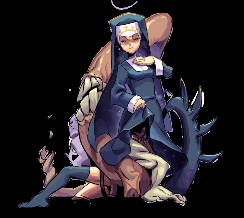 1girl, black_thighhighs, breasts, closed_eyes, clothes_lift, double_(skullgirls), dress, dress_lift