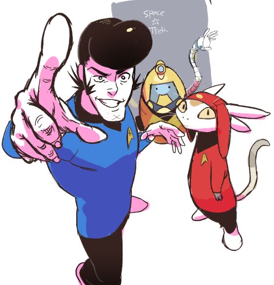 3boys, alien, black_hair, cosplay, crossover, dandy_(space_dandy), eun_dari, grin, meow_(space_dandy), multiple_boys, pointing, pointing_at_viewer, pompadour, qt_(space_dandy), robot, sideburns, smile, space_dandy, star_trek, uniform