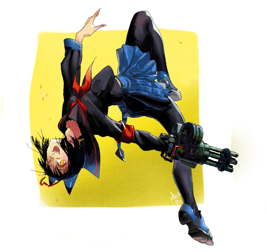 1girl, animal_ears, arm_cannon, armband, black_hair, black_pantyhose, cat_ears, character_request