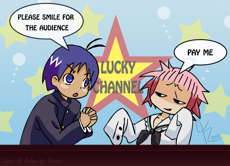 00s, 1boy, 1girl, 2008, artist_name, begging, black_eyes, blue_eyes, blue_hair, cosplay, crossover, dated, english_text, guu_(jungle_wa_itsumo), hare_(jungle_wa_itsumo), jungle_wa_itsumo_hare_nochi_guu, kogami_akira, kogami_akira_(cosplay), lucky_channel, lucky_star, oversized_clothes, pink_hair, school_uniform, shaded_face, shiraishi_minoru, shiraishi_minoru_(cosplay), signature, speech_bubble, tiiara, trolling