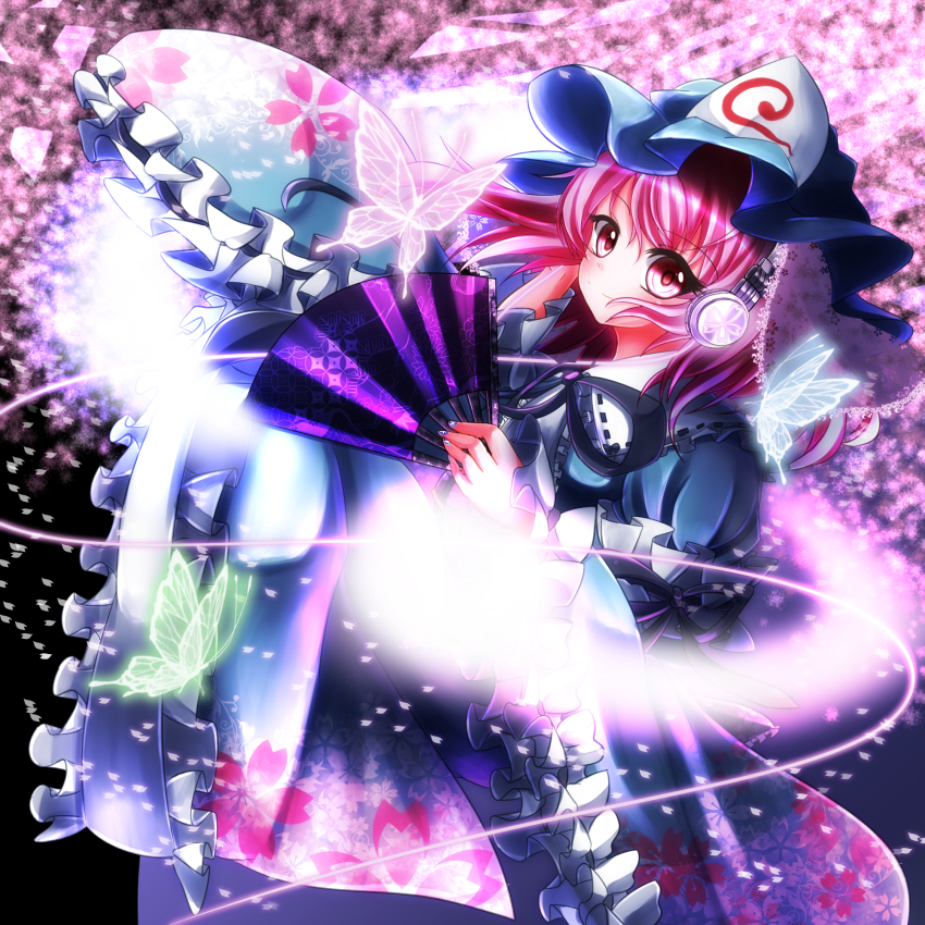 1girl, album_cover, arm_ribbon, bad_id, bad_pixiv_id, black_background, bug, butterfly