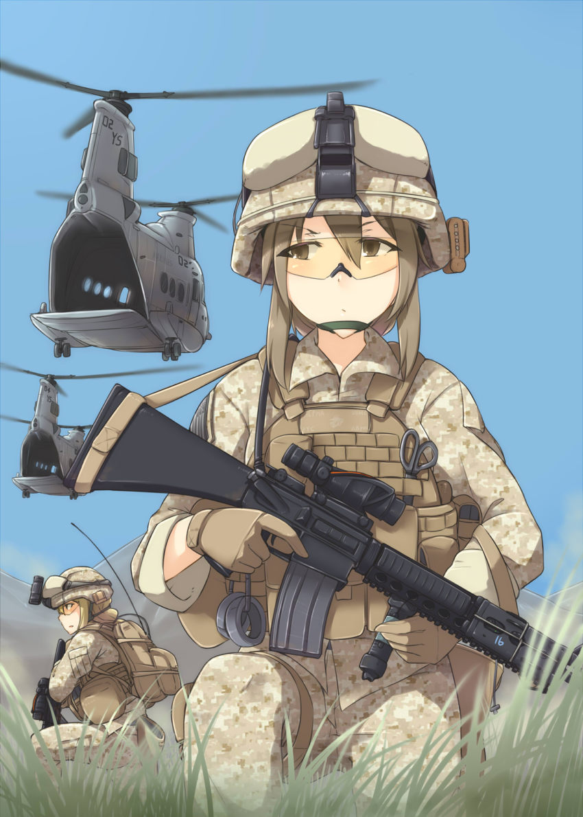 2girls, :/, aircraft, assault_rifle, ayyh, backpack, bad_id, bad_pixiv_id, bag, blonde_hair, brown_eyes, brown_hair, camouflage, ch-46_sea_knight, day, digital_camouflage, explosive, stun_grenade, glasses, gloves, grass, grenade, gun, gun_sling, hand_grenade, helicopter, helmet, highres, kneeling, less-than-lethal_weapon, load_bearing_vest, long_hair, looking_away, m16, m16a4, m4_carbine, m84_stun_grenade, military, military_uniform, mountain, multiple_girls, night-vision_device, original, radio_antenna, rifle, scissors, scope, sky, soldier, trigger_discipline, united_states, vertical_forward_grip, war, weapon