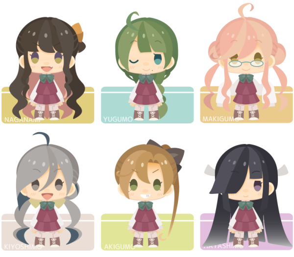 10s, 6+girls, akigumo_(kancolle), black_hair, blue_eyes, brown_eyes, brown_hair, fang