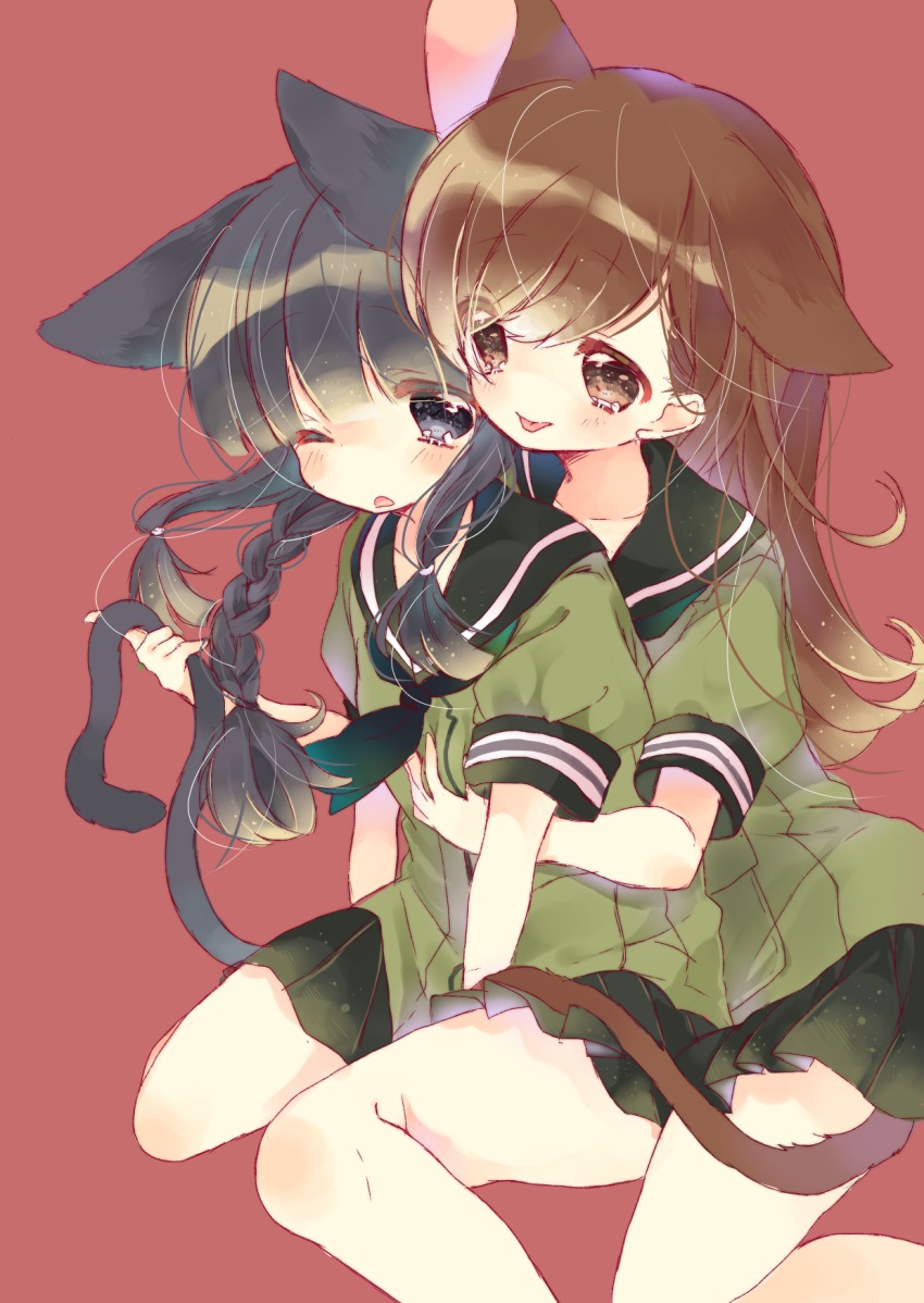 10s, 2girls, :p, animal_ears, bad_id, bad_pixiv_id, black_eyes, black_hair