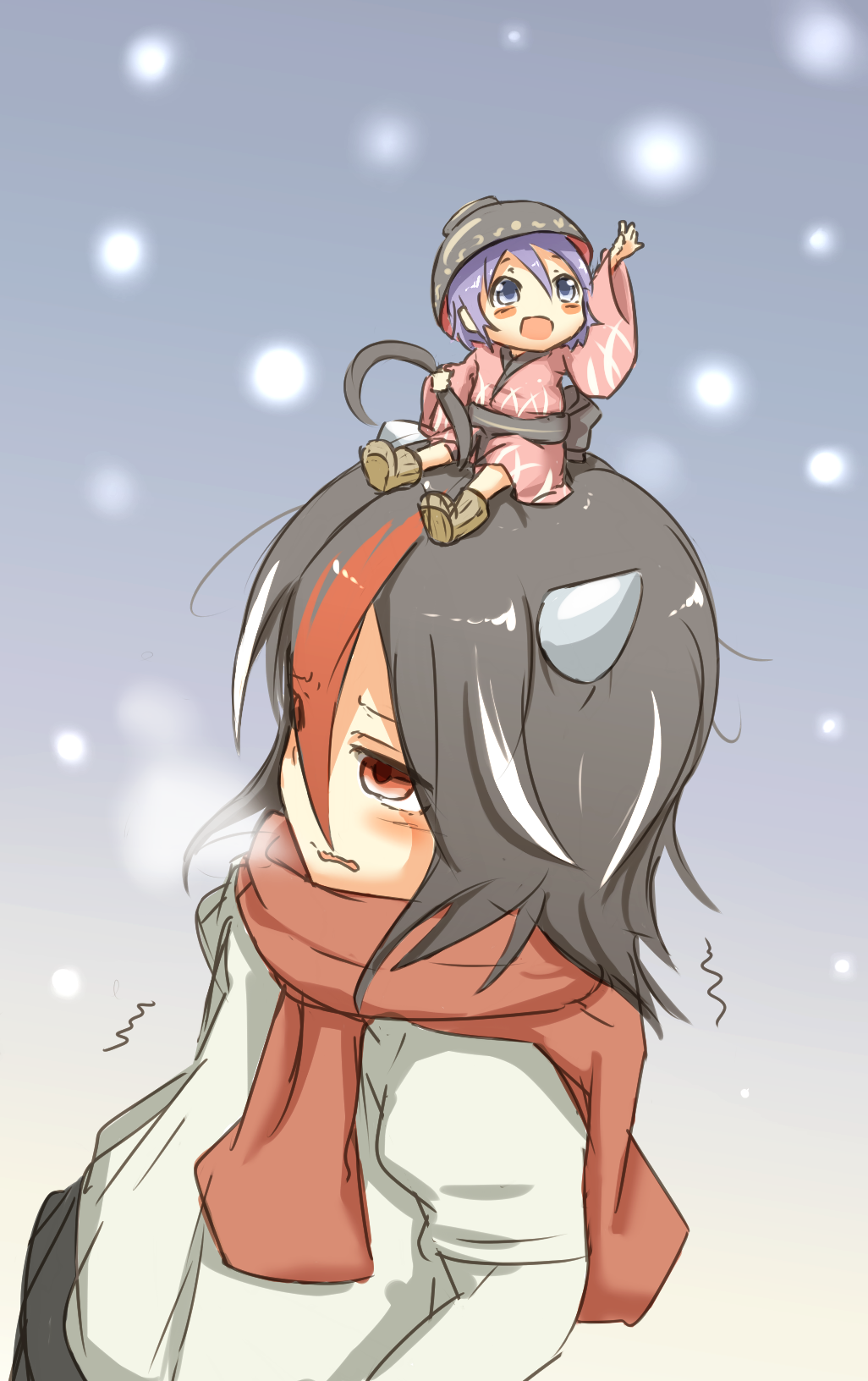 2girls, ahoge, bad_id, bad_pixiv_id, blue_eyes, boots, bowl, bowl_hat