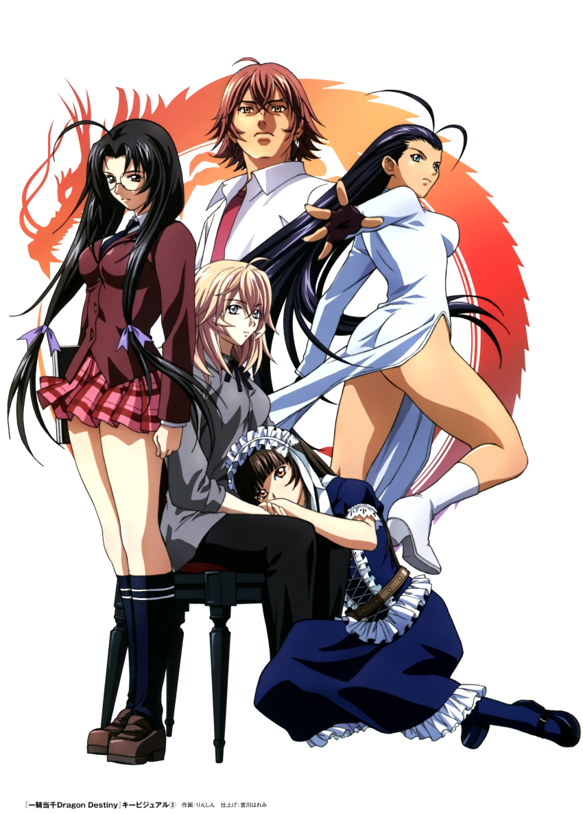 00s, 1boy, 4girls, absurdres, ahoge, antenna_hair, black_hair, boots