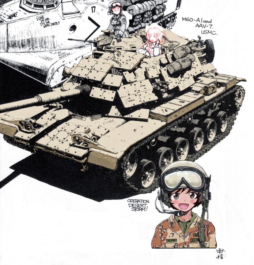 10s, 3girls, akiyama_yukari, artist_name, blush, camouflage, caterpillar_tracks, desert_camouflage