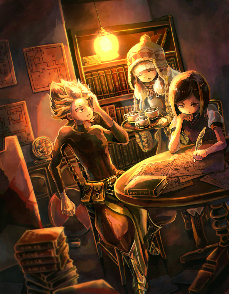 1boy, 2girls, belt, book, bookshelf, chair, closed_eyes, dutch_angle, etrian_odyssey, fortress_(sekaiju), fortress_3_(sekaiju), gameplay_mechanics, indoors, long_hair, map, multiple_girls, one_eye_closed, open_mouth, quill, rune_master_(sekaiju), rune_master_2_(sekaiju), sasakure_(mogunonbi), sekaiju_no_meikyuu, sekaiju_no_meikyuu_4, short_hair, sitting, slice_of_life, swordsman_(sekaiju_4), swordsman_2_(sekaiju_4), table, tray