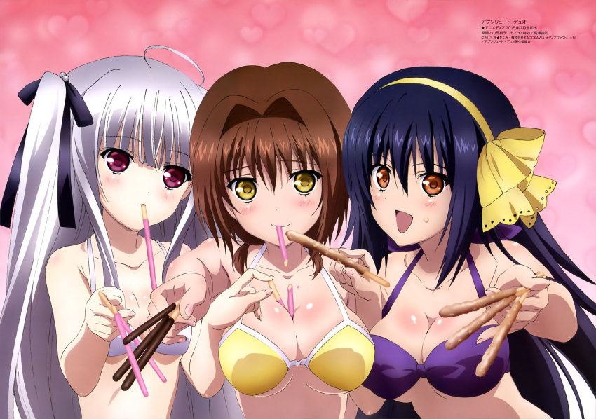 10s, 3girls, :d, absolute_duo, absurdres, ahoge, bare_shoulders, between_breasts
