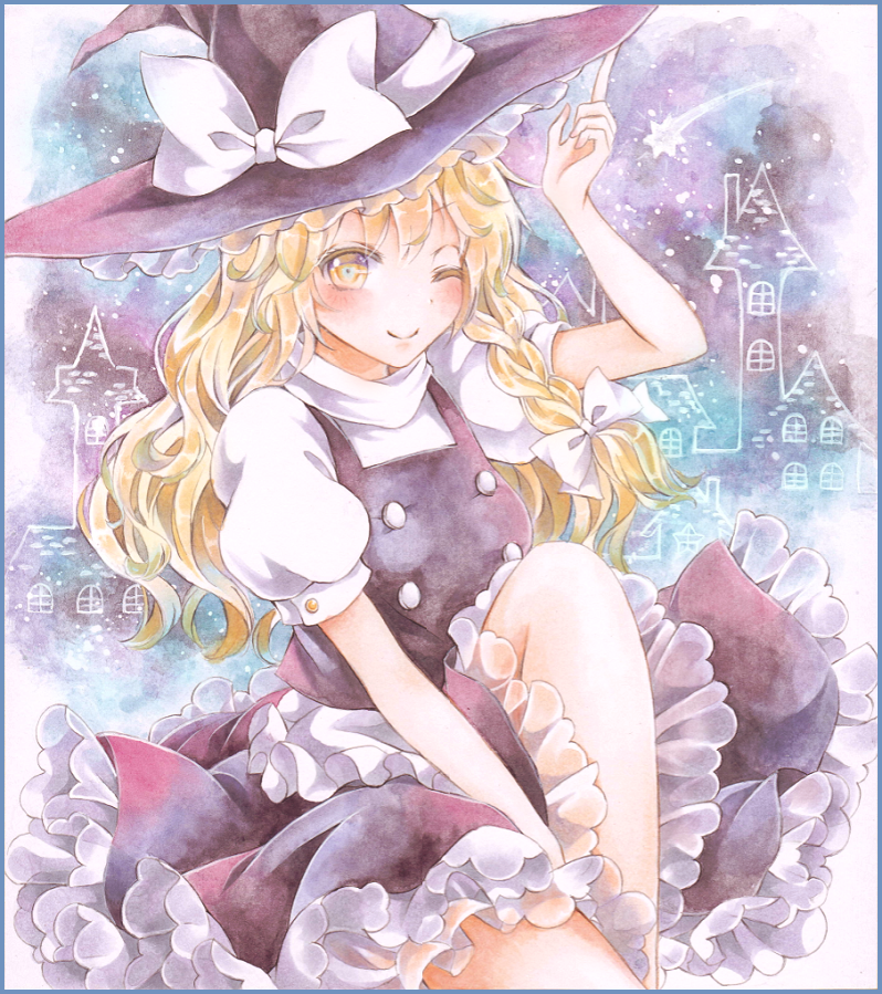 1girl, apron, bad_id, bad_pixiv_id, between_legs, blonde_hair, blue_border, blush