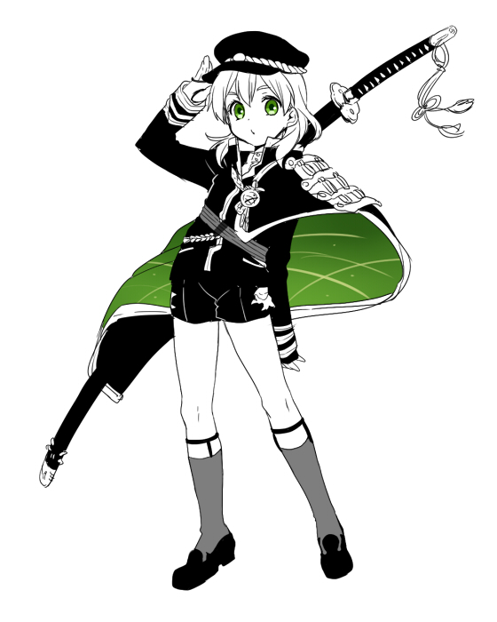 10s, 1boy, armor, bad_id, bad_pixiv_id, cape, cosplay, full_body, green_eyes, grey_socks, hat, hotarumaru, hotarumaru_(cosplay), inazuma_eleven, inazuma_eleven_(series), japanese_armor, legwear_garter, long_hair, male_focus, miyasaka_ryou, monochrome, ootachi, salute, sheath, sheathed, shoes, shorts, shoulder_armor, simple_background, socks, sode, solo, spot_color, tomo_(sjim), touken_ranbu, white_background