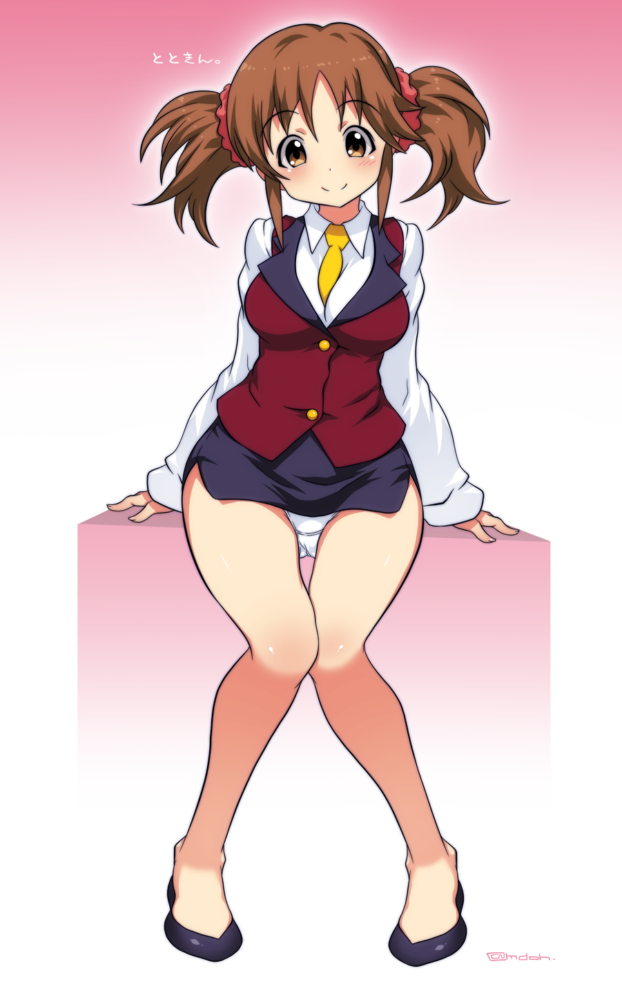 10s, 1girl, blush, breasts, brown_eyes, brown_hair, character_name, female_focus