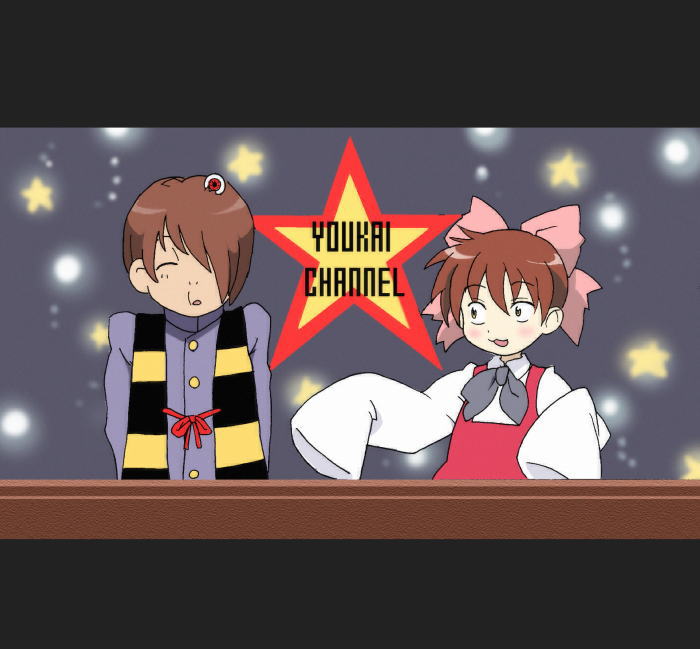 1boy, 1girl, bow, gegege_no_kitarou, kitarou, konno_hiromi, lucky_channel, lucky_star