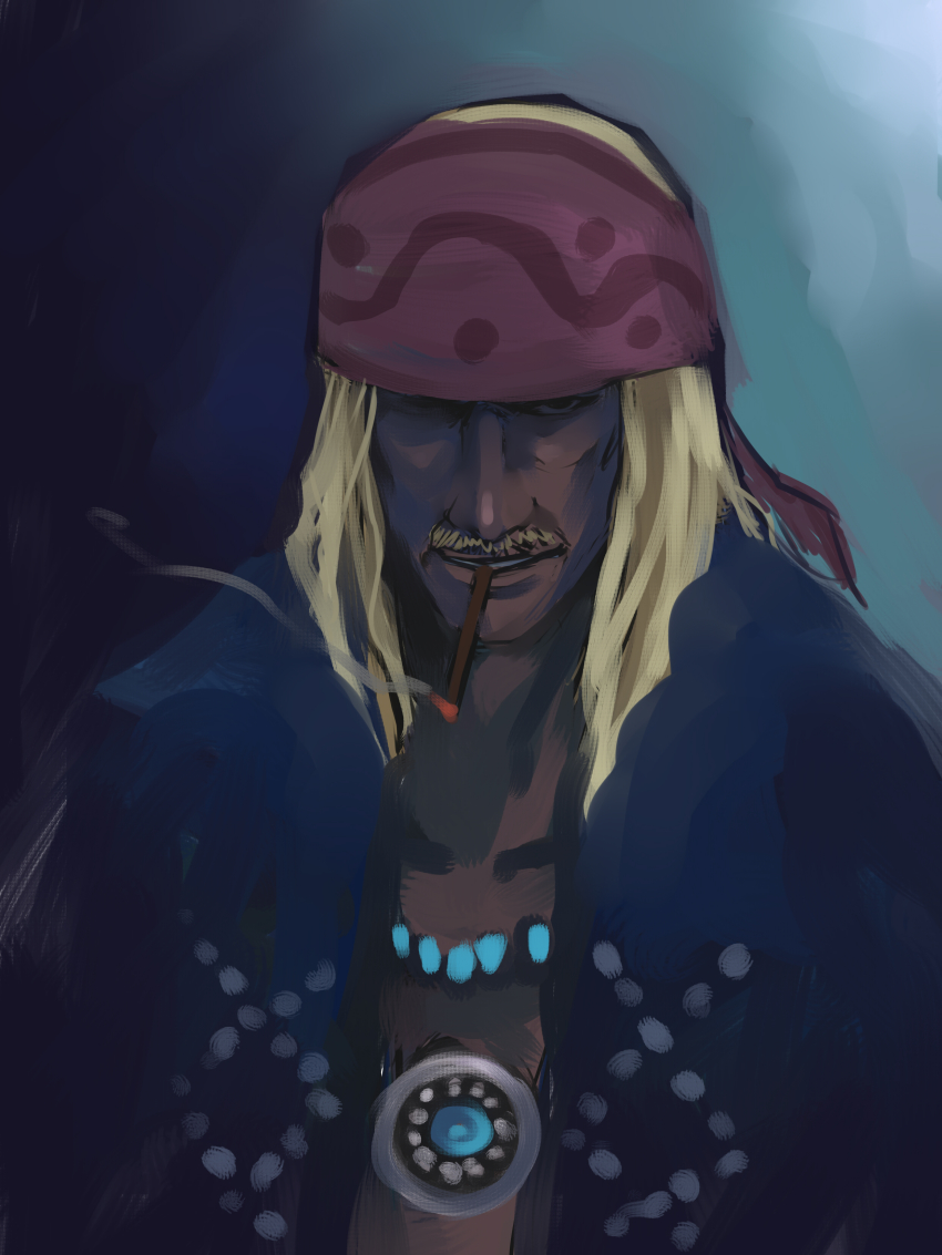 1boy, absurdres, bad_id, bad_pixiv_id, bandana, blonde_hair, blue_eyes, cigar