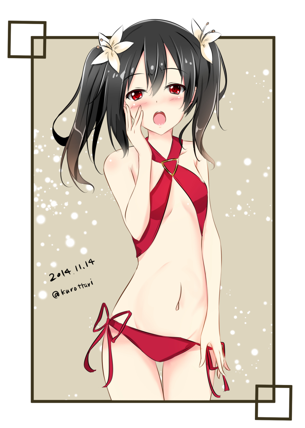 10s, 1girl, bikini, black_hair, blush, female_focus, flat_chest, flower