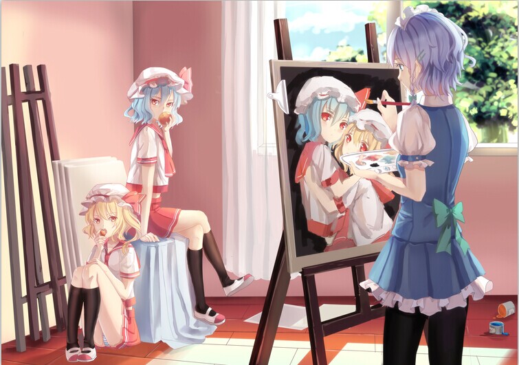 3girls, alternate_costume, apple, art_brush, bat_wings, black_socks, blonde_hair, blue_eyes