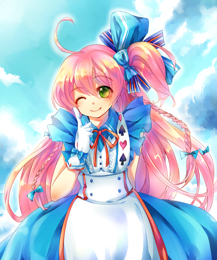 1girl, ahoge, arm_behind_back, blush, bow, braid, eclia, eshiria_(shironeko_project), female_focus, gloves, green_eyes, hair_bow, long_hair, one_eye_closed, pink_hair, shironeko_project, smile, solo, tachiuo_(arines), very_long_hair, white_gloves