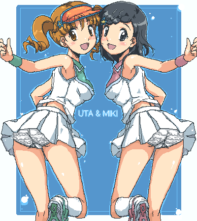 00s, 2girls, 4040_(abonriya), ass, bare_shoulders, black_eyes, black_hair, brown_eyes