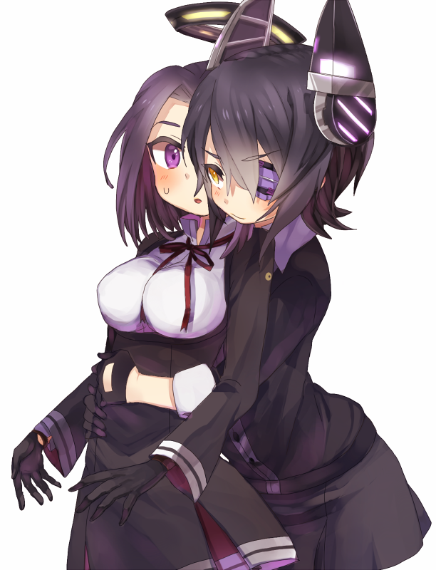 10s, 2girls, blush, breasts, cardigan, dress, eyepatch, gloves, headgear, hug, kantai_collection, large_breasts, multiple_girls, niwatoriko, purple_eyes, purple_hair, school_uniform, short_dress, short_hair, tatsuta_(kancolle), tenryuu_(kancolle), yellow_eyes, yuri