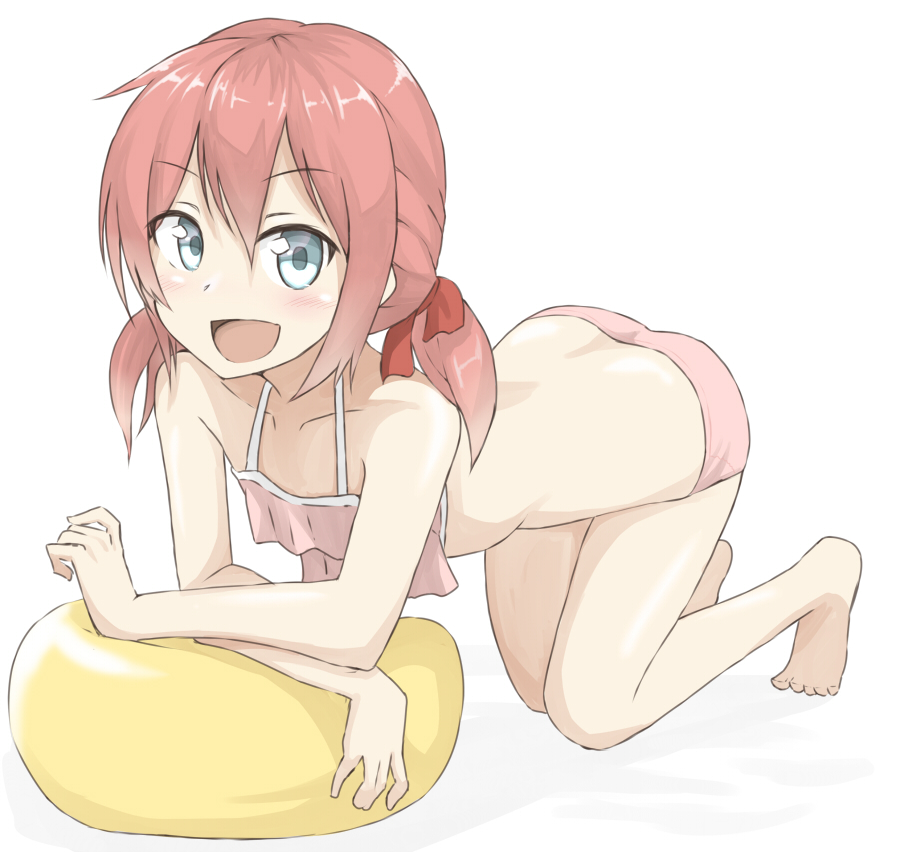 10s, 1boy, :d, all_fours, arikawa_kaguya, ball, barefoot, bikini, blue_eyes, blush, child, exercise_ball, hair_ribbon, himegoto, leaning, leaning_on_ball, long_hair, looking_at_viewer, low_twintails, male_focus, on_ball, open_mouth, pink_bikini, pink_hair, ribbon, smile, solo, swimsuit, syunichi, trap, twintails