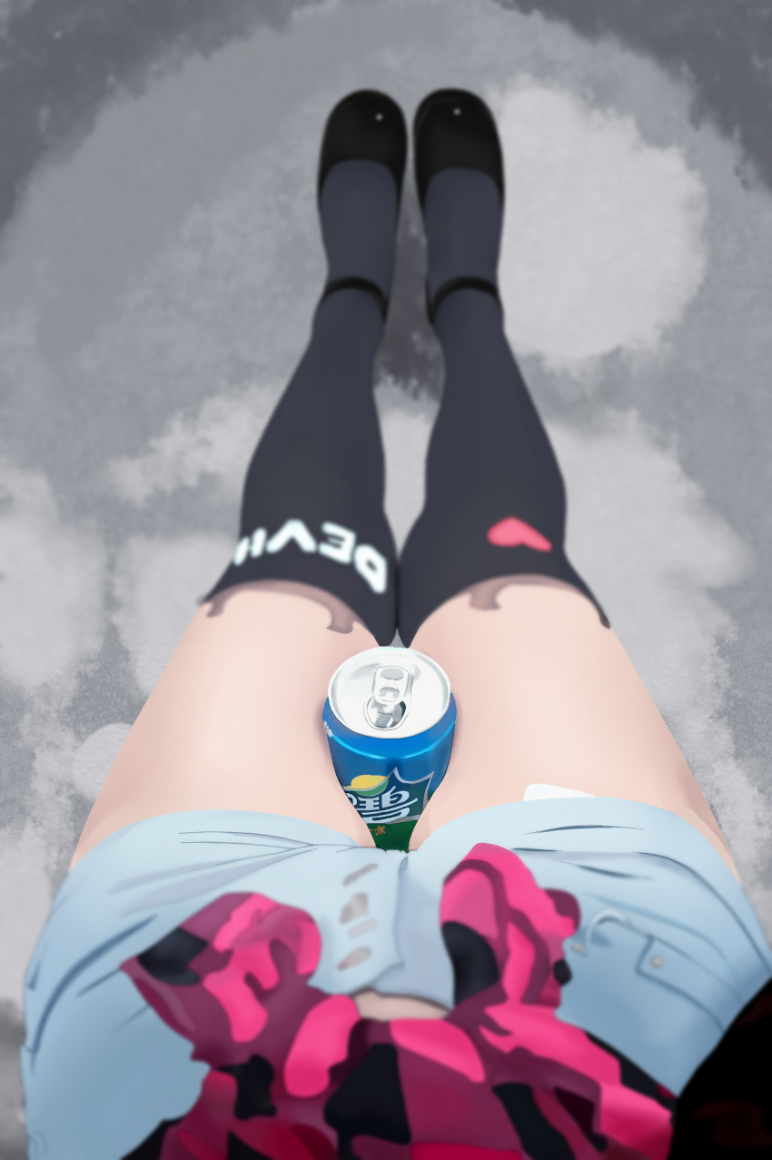1girl, between_thighs, black_thighhighs, blurry, can, chinese_text, d10c2, depth_of_field, female_focus, female_pov, from_above, heart, highres, looking_down, mary_janes, original, over-kneehighs, pov, shoes, shorts, solo, sprite_(drink), thighhighs, zettai_ryouiki
