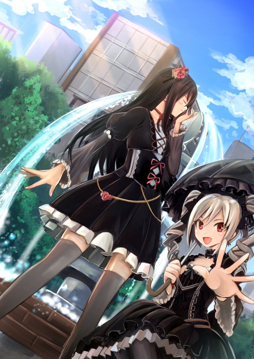 10s, 2girls, alternate_costume, brown_hair, choker, drill_hair, flower, fountain, gothic_lolita, hair_flower, hair_ornament, highres, idolmaster, idolmaster_cinderella_girls, kanzaki_ranko, lolita_fashion, long_hair, multiple_girls, open_mouth, parasol, red_eyes, ribbon_choker, shibuya_rin, silver_hair, thighhighs, twin_drills, twintails, umbrella, yakinabe
