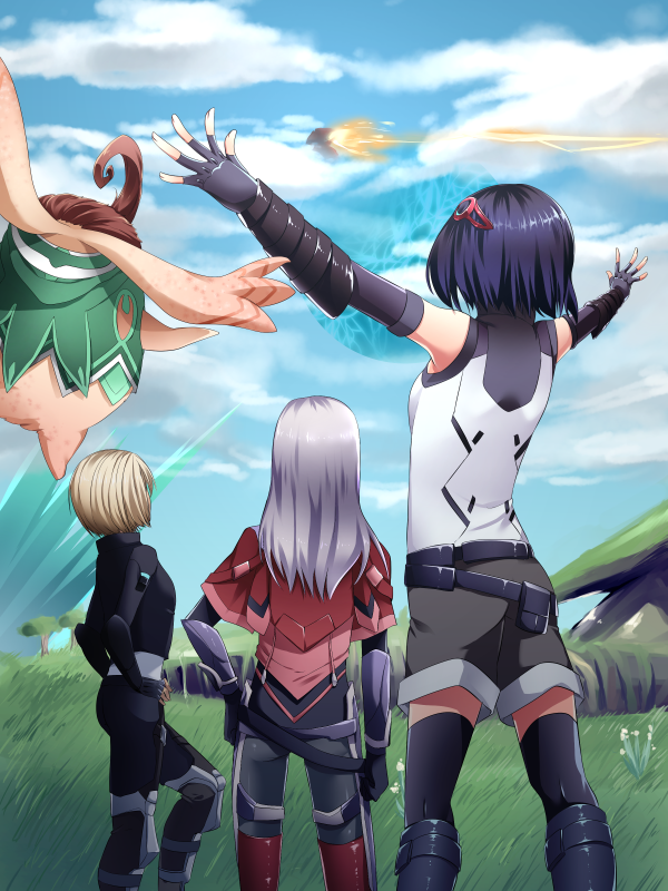 3girls, black_footwear, black_hair, blonde_hair, boots, day, elma_(xenoblade_x), from_behind