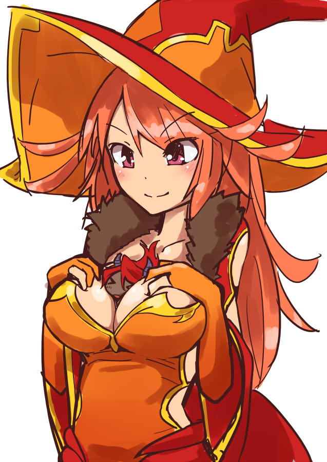 1girl, between_breasts, blush, breasts, cleavage, dress, female_focus, fur_trim