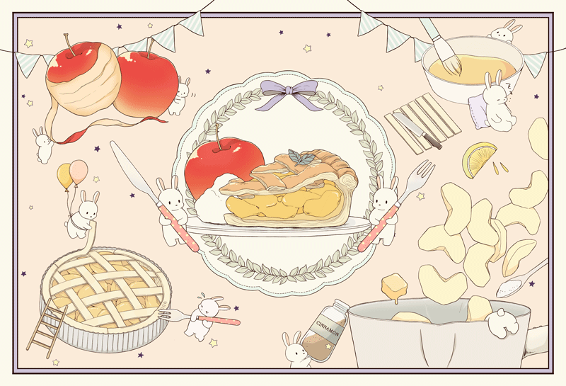 >_<, apple, apple_pie, apple_slice, bad_id, bad_pixiv_id, balloon, black_eyes, brush, rabbit, butter, cinnamon_(food), egg_wash, english_text, closed_eyes, food, food_focus, fork, fruit, knife, ladder, original, oversized_object, pie, pie_slice, pillow, r., sleeping, spoon, star_(symbol), sweat, zzz