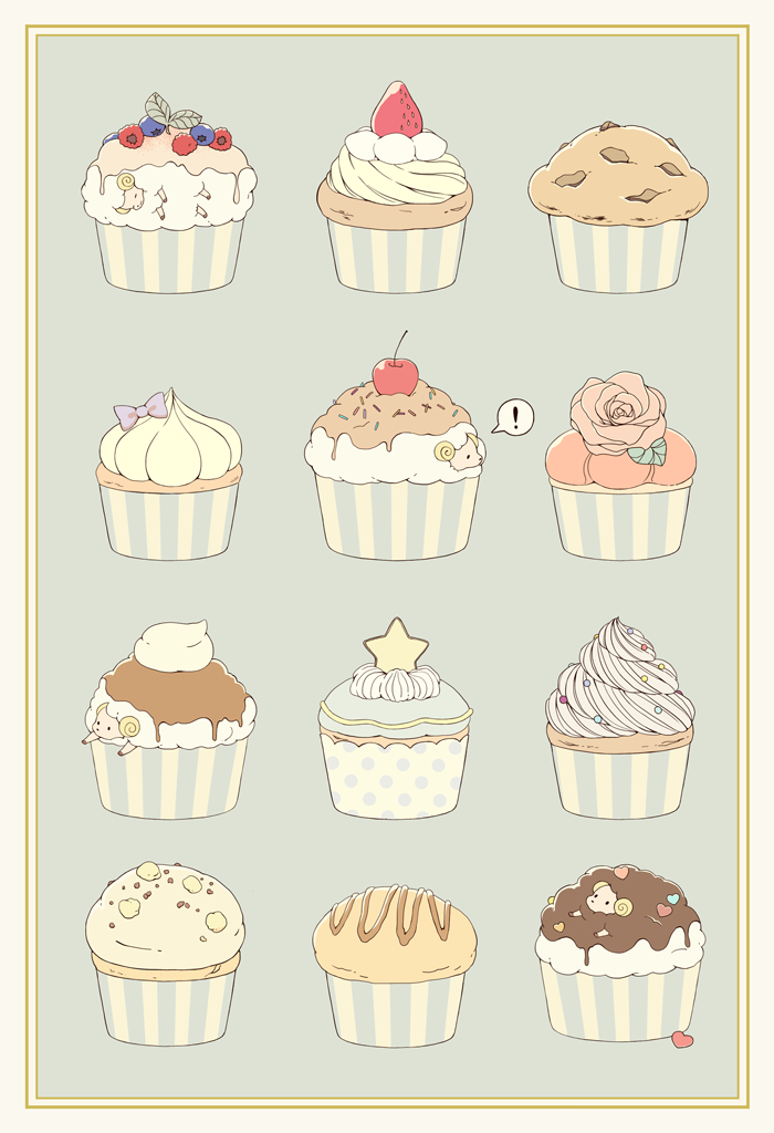 !, bad_id, bad_pixiv_id, cherry, cupcake, flower, food, food_focus, fruit, heart, no_humans, original, r., rose, sheep, simple_background, speech_bubble, spoken_exclamation_mark, sprinkles, star_(symbol), strawberry