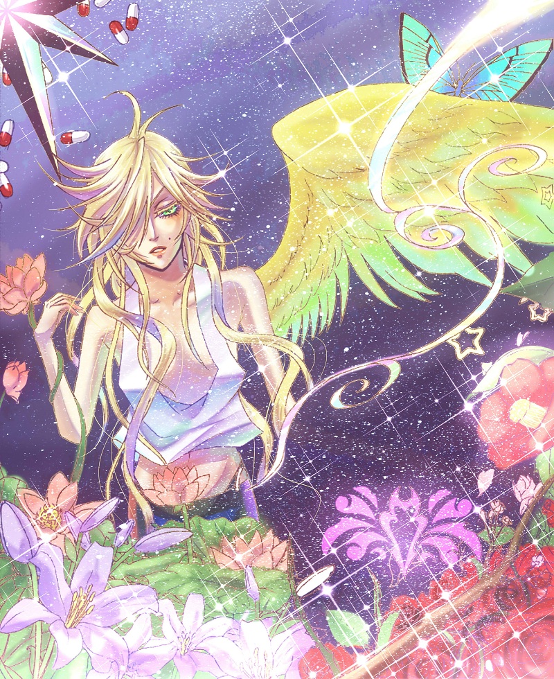 1boy, androgynous, bad_id, bad_pixiv_id, benten_(zone-00), blonde_hair, blue_eyes, flower, lady_y, long_hair, male_focus, mole, pill, single_wing, solo, sparkle, trap, wings, zone-00
