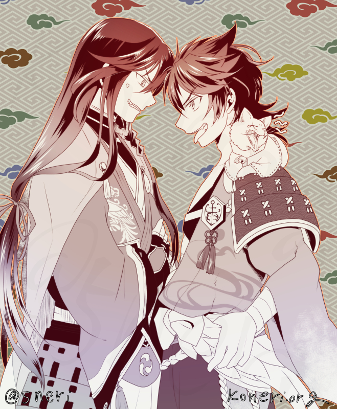 10s, 2boys, anger_vein, izumi-no-kami_kanesada, japanese_clothes, koneri_(toyotarou), long_hair, male_focus