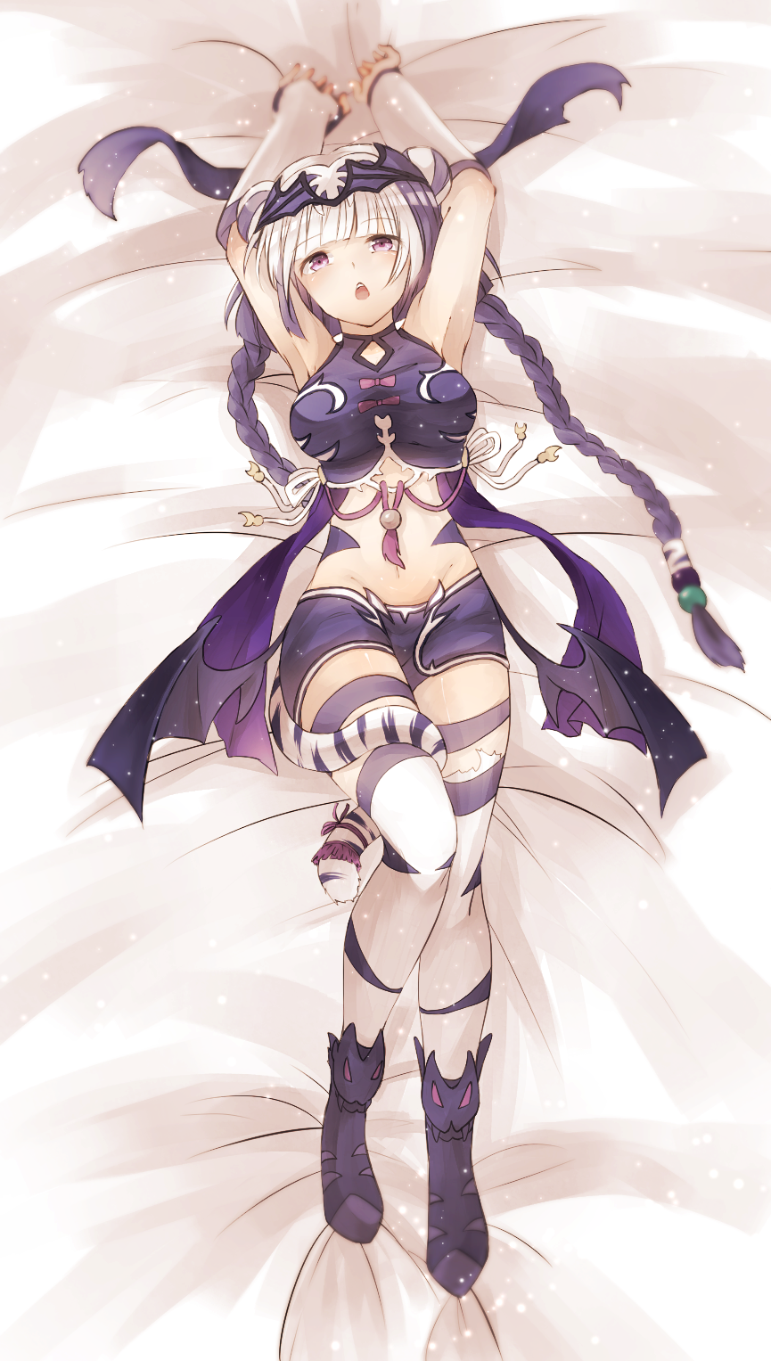 1girl, armpits, black_hair, braid, double_bun, female_focus, hair_bun, haku_(p&amp;d)