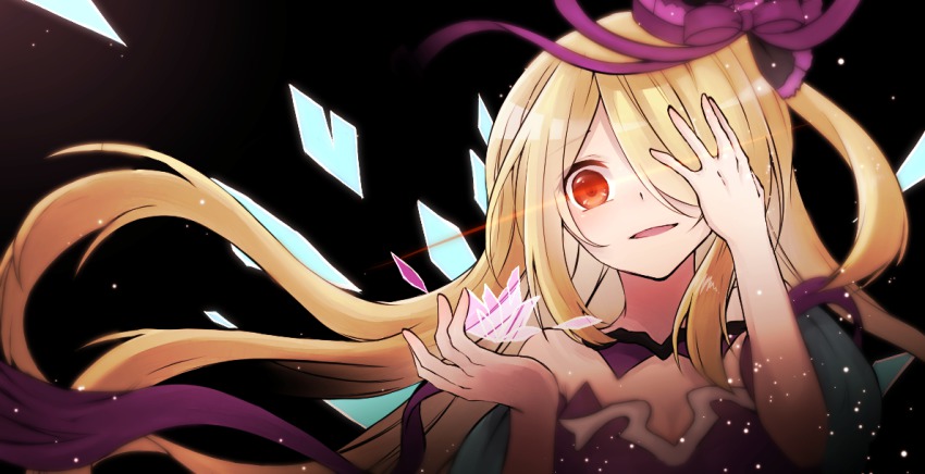 1girl, blonde_hair, bow, female_focus, hair_bow, hair_over_one_eye, kurage_(11649021), long_hair