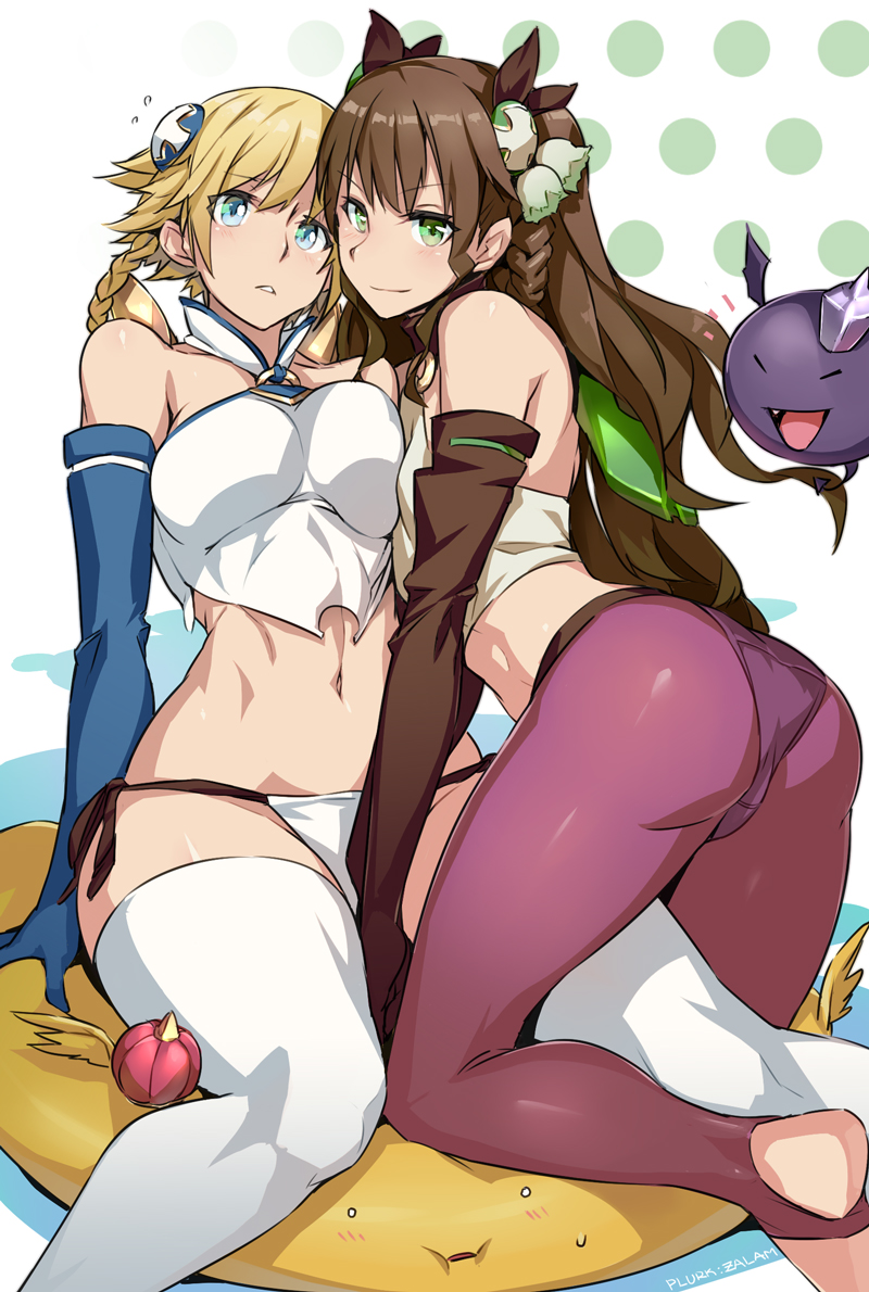 2girls, ass, asymmetrical_docking, baddie_(p&amp;d), bare_shoulders, barefoot, blonde_hair, blue_eyes, blue_valkyrie_(p&amp;d), blush, braid, breast_press, breasts, brown_hair, elbow_gloves, eyebrows, feet, flat_chest, gloves, green_eyes, green_valkyrie_(p&amp;d), hair_ornament, kurowa, large_breasts, leggings, long_hair, looking_at_viewer, multiple_girls, navel, panties, panties_under_pantyhose, pantyhose, puzzle_&amp;_dragons, shynee_(p&amp;d), single_braid, sitting, sitting_on_person, smile, soles, string_panties, thighhighs, thighs, toeless_legwear, underwear, valkyrie_(p&amp;d), water_valkyrie_(p&amp;d), wide_hips, wood_valkyrie_(p&amp;d)
