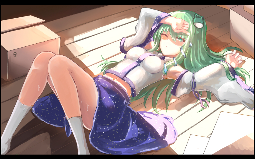 1girl, breasts, detached_sleeves, female_focus, frog_hair_ornament, green_eyes, green_hair, hair_ornament