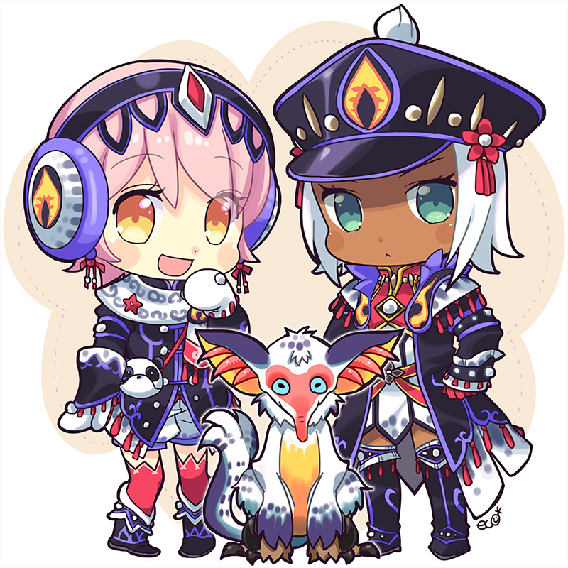 ash_kecha_wacha, ash_kecha_wacha_(armor), blue_hair, boots, coat, dark_skin, earmuffs, green_eyes, hat, kecha_wacha, monster_hunter_(series), monster_hunter_4, open_clothes, open_coat, orange_eyes, pink_hair, short_hair, white_hair, yellow_eyes