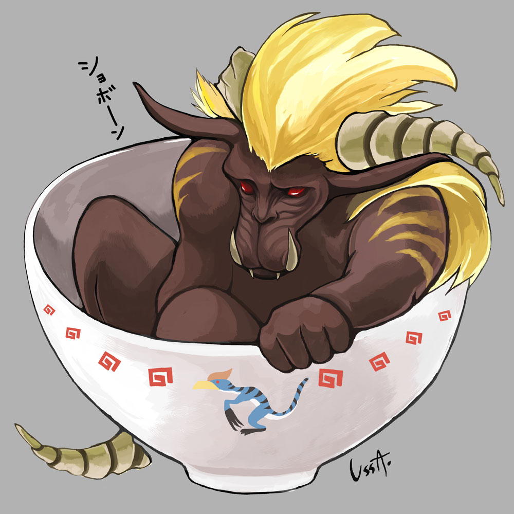 bowl, broken_horn, capcom, horns, monster_hunter_(series), no_humans, rajang, ussa, velocidrome