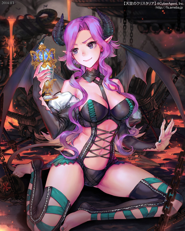 10s, 1girl, 2014, bat_wings, between_breasts, black_necktie, breasts, chain, clothes_between_breasts, cross-laced_clothes, cup, demon_girl, demon_horns, demon_tail, detached_sleeves, female_focus, glint, green_nails, head_tilt, horns, large_breasts, lava, long_hair, mo, nail_polish, necktie, necktie_between_breasts, original, pointy_ears, purple_eyes, purple_hair, sitting, smile, solo, tail, tenkuu_no_crystalia, thighhighs, toeless_legwear, toenail_polish, toenails, toes, wavy_hair, wings, zit_0