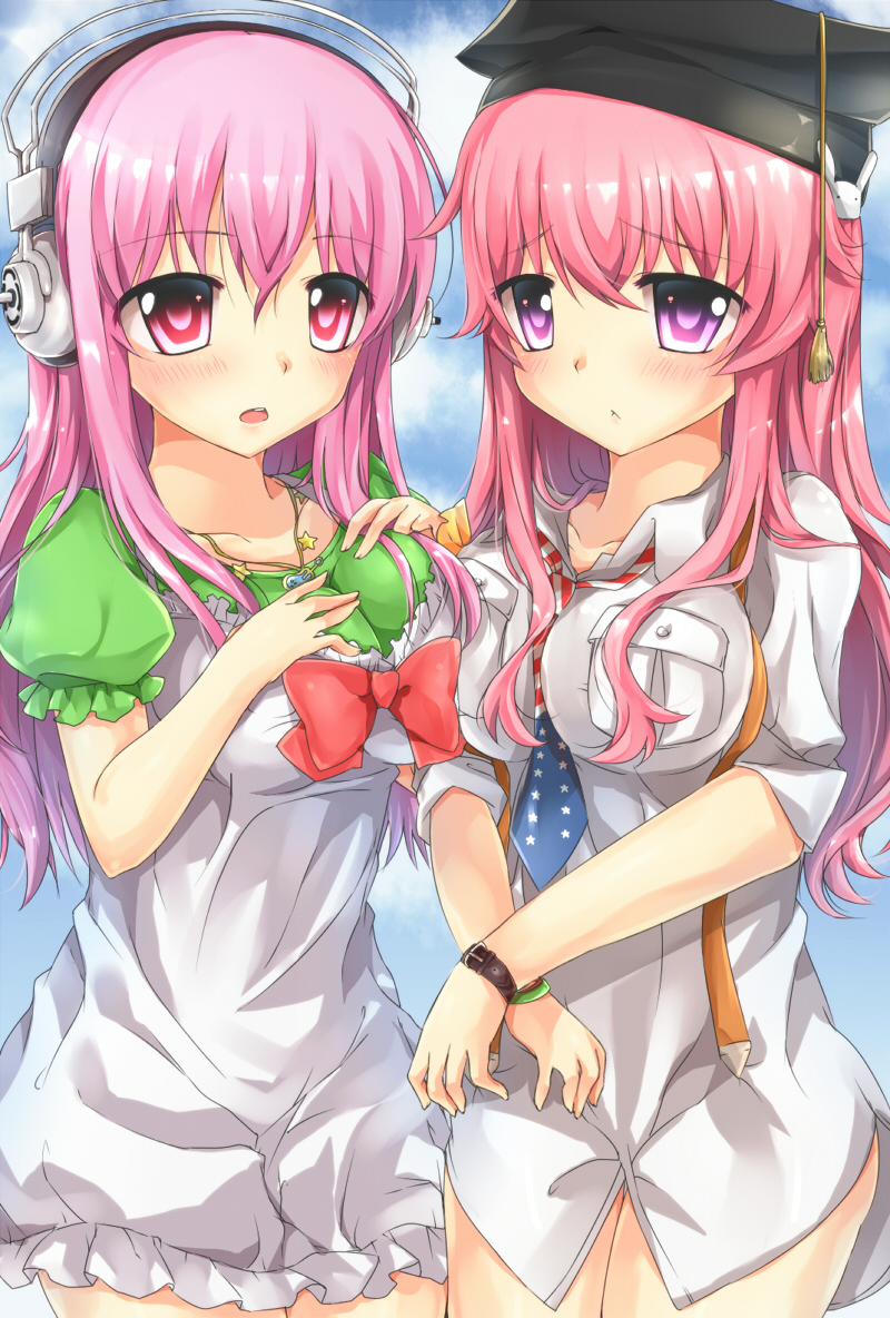 2girls, bad_id, bad_pixiv_id, baka_to_test_to_shoukanjuu, between_breasts, blush, breast_press, breasts